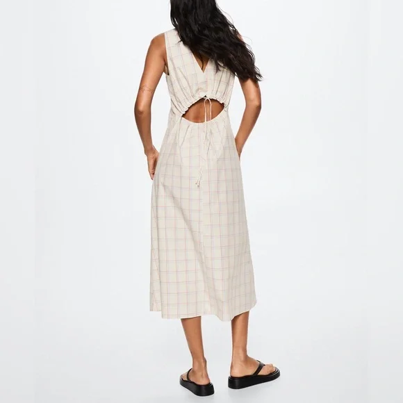 MANGO Light Yellow Cutout Cotton Check Midi Dress - Size S - NWT - Sold Out! - Picture 2 of 7